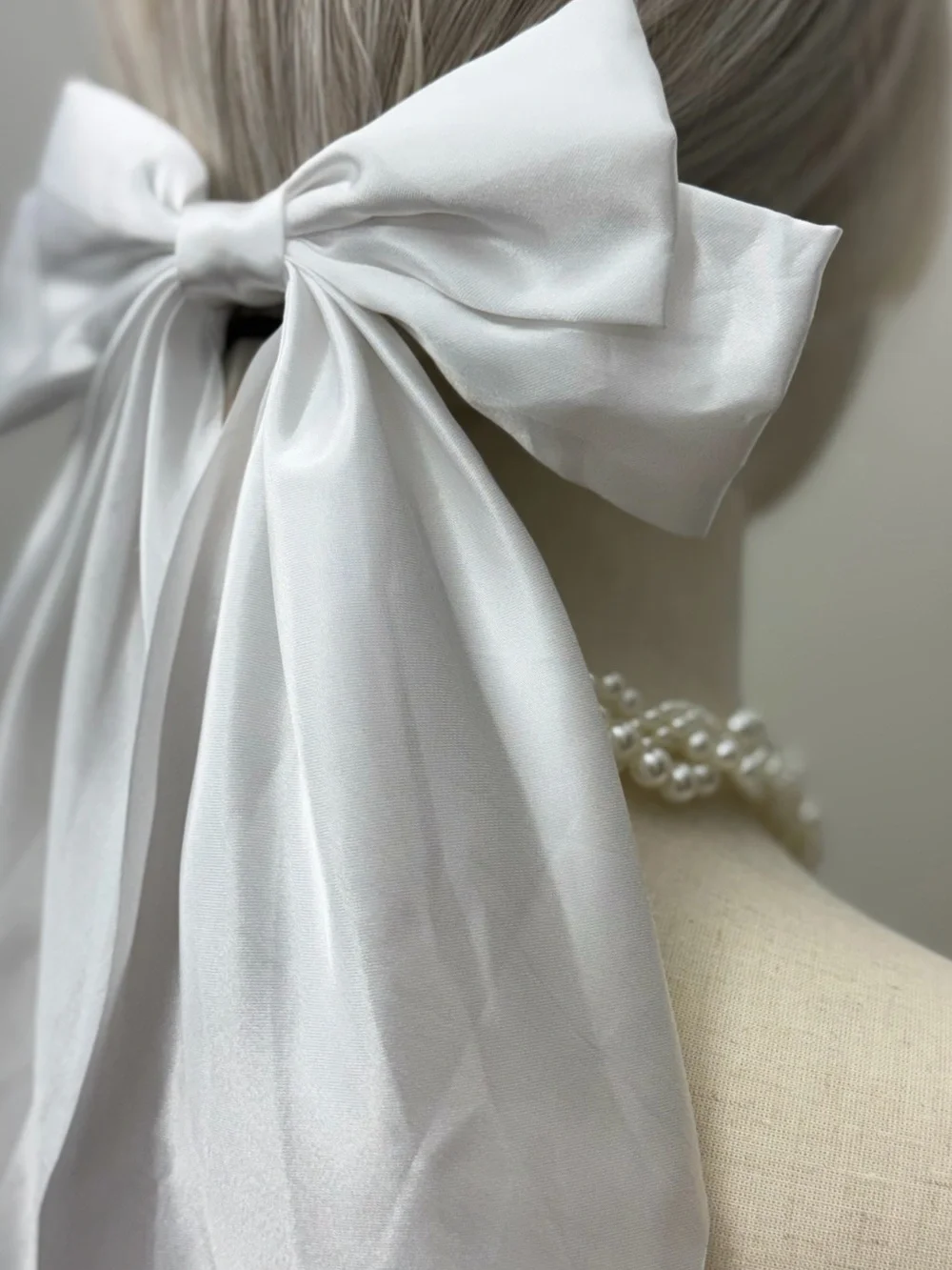 New Oversized White Satin Bow Hair Barrette Long Tail Hair Clip